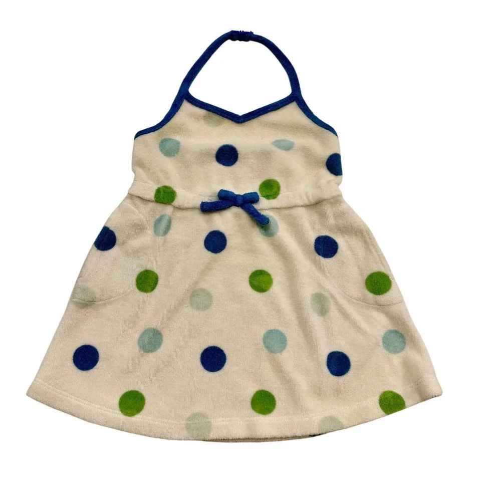 Gymboree Vintage 2004 Polka Dot Terry Cloth Halter Dress Blue Green White 3-6M